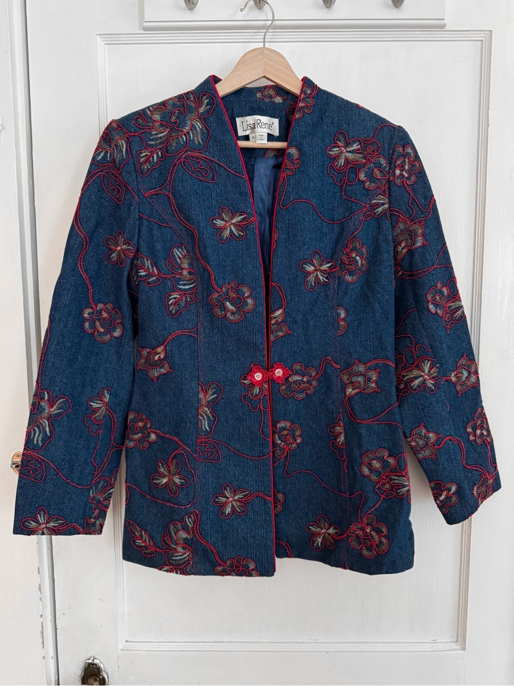 Denim Jacket with Red Floral Accents by Lisa René